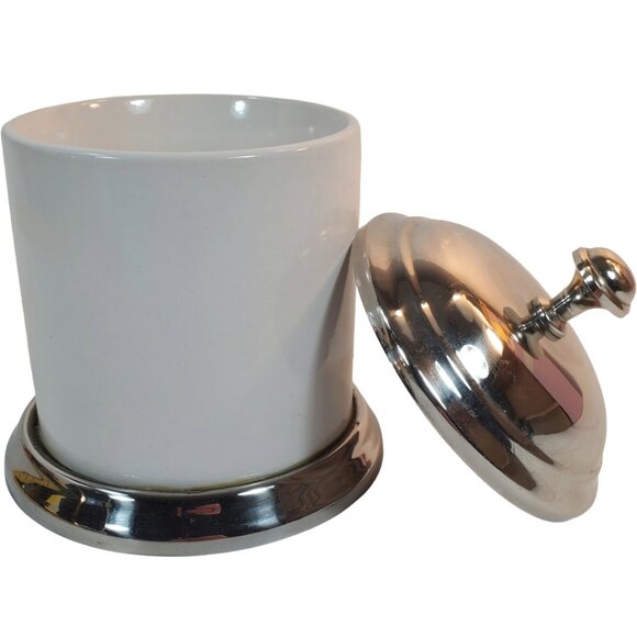 Ceramic Jar/Canister with Lid. White & Chrome. Bathroom Cotton Ball/Swab Holder - Picture 2 of 6